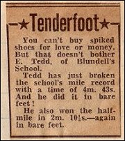 Barefoot running record report in local newspaper, 1946 (CLICK here!) - A meztlb futs rekordjrl a helyi jsgban, 1946 (KATT ide!)
